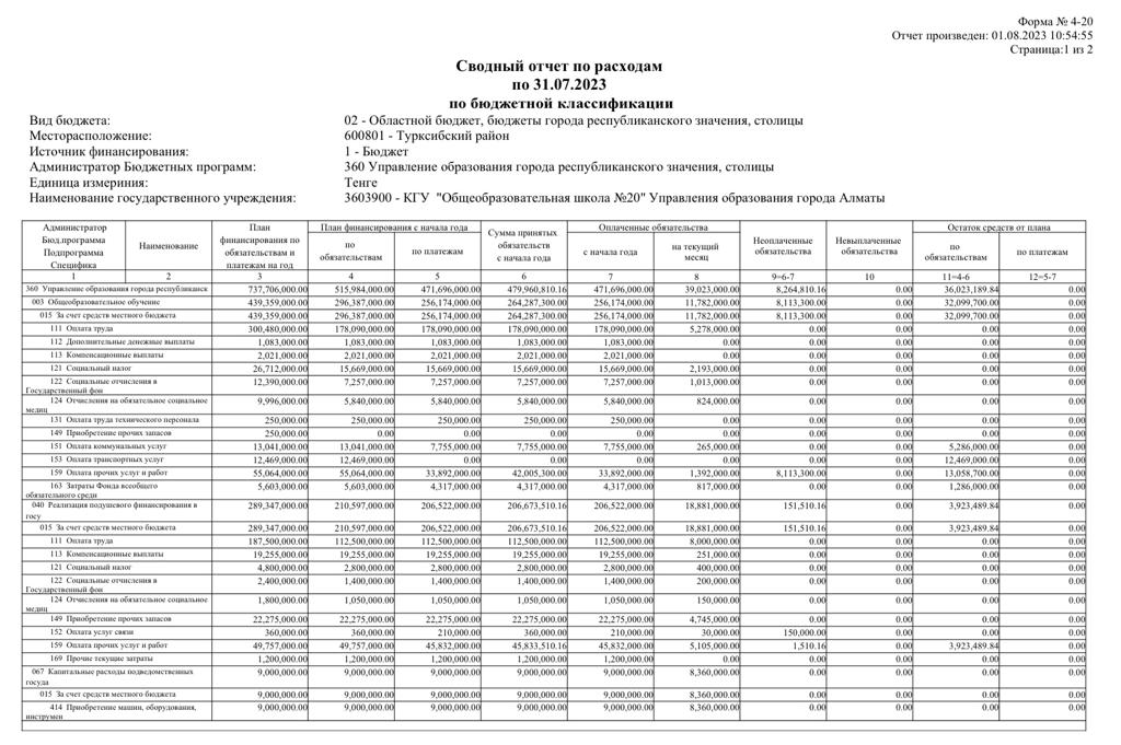 Бюджеттік сараптама бойынша шығыстардың жиынтық есебі / Сводный отчет расходов по бюджетной классификации