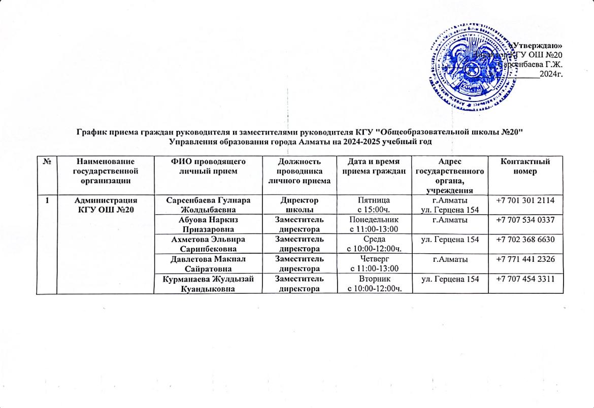 Басшының және басшының орынбасарларының азаматтарды қабылдау кестесі / График приема граждан руководителя и заместителей руководителя