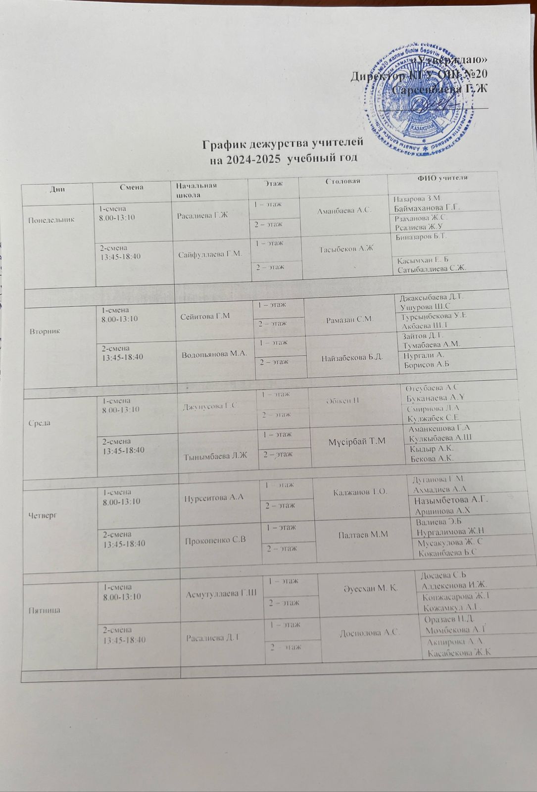 График дежурства учителей на 2024-2025 учебный год
