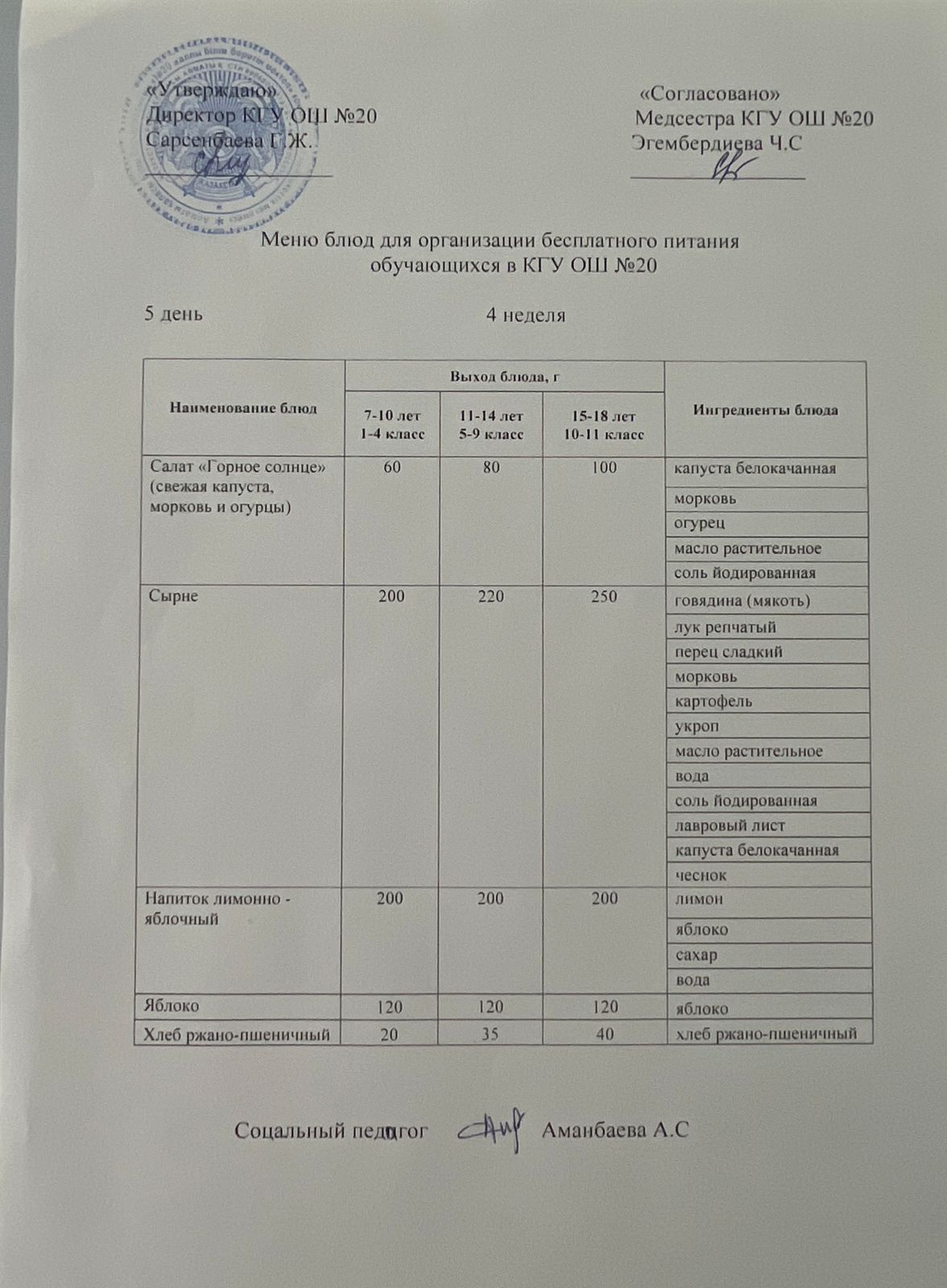 Ас мәзірі / Меню