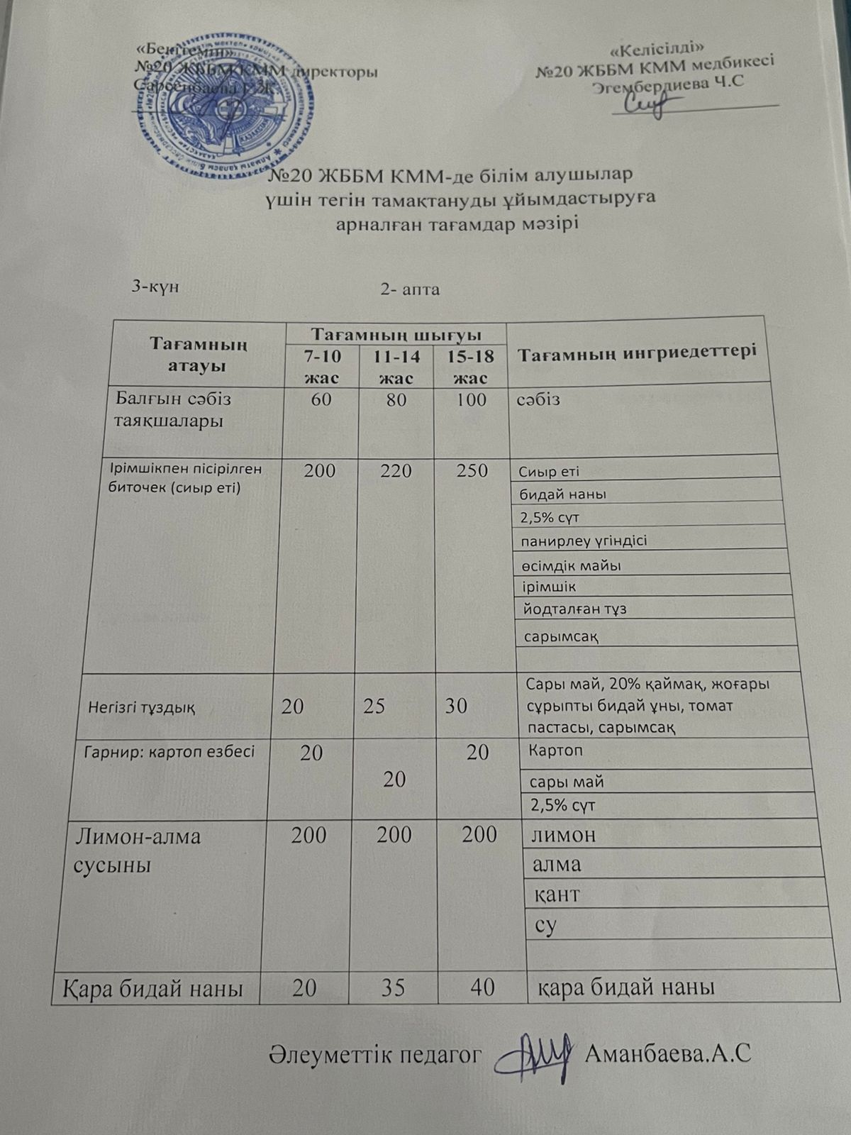 Ас мәзірі / меню