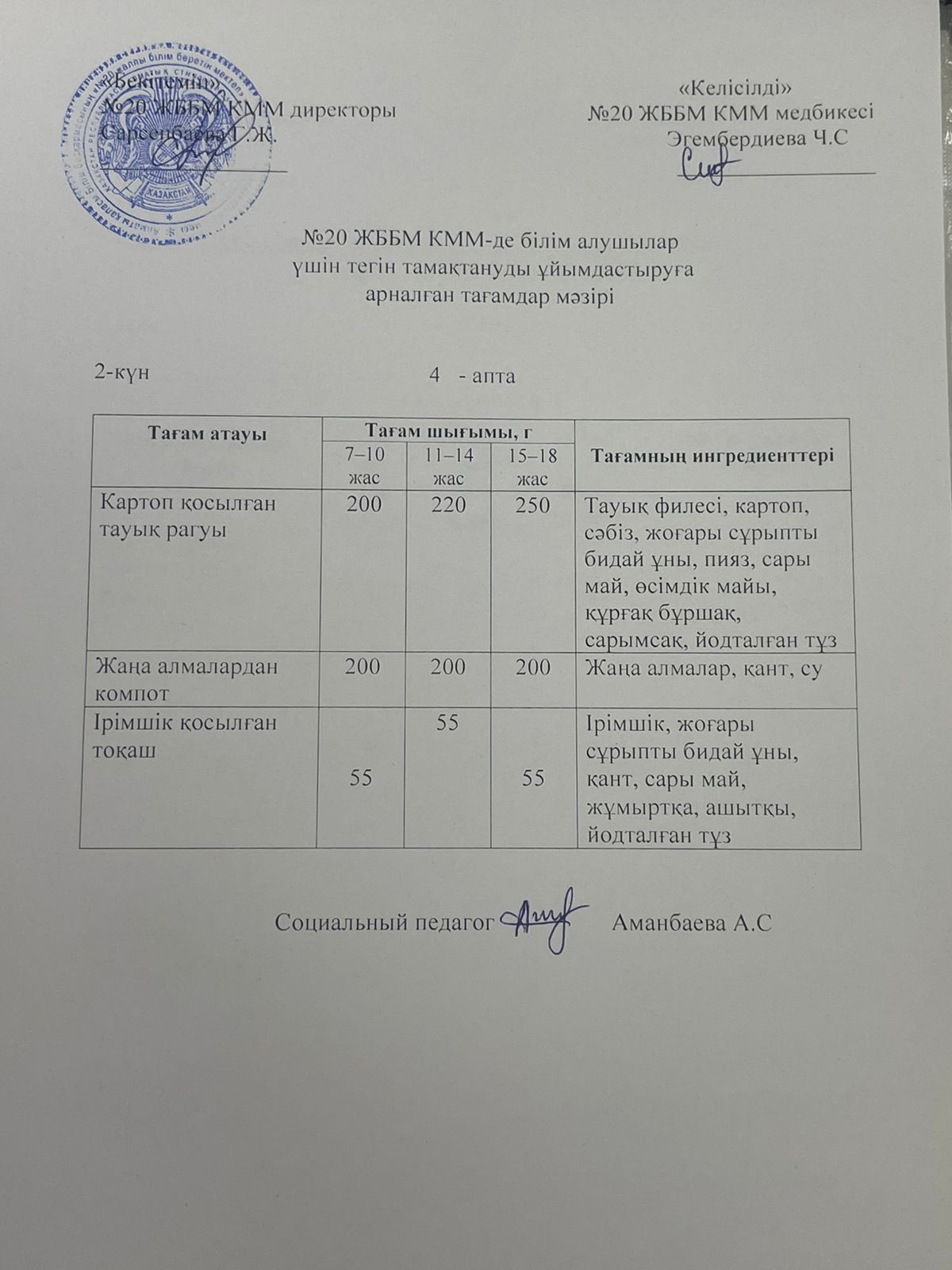 Ас мәзірі /Меню